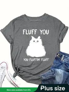 【Plus Size】 Cartoon Cat & Letter Print Round Neck Tee, Fashion Casual Crew Neck Short Sleeve T-Shirt for Daily Outdoor Wear, Women Clothing for Summer