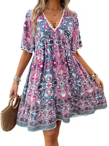 Women's Boho Paisley Summer Vacation Casual Beach Dress, V-Neck Lace Trim, Perfect for Relaxing Getaways