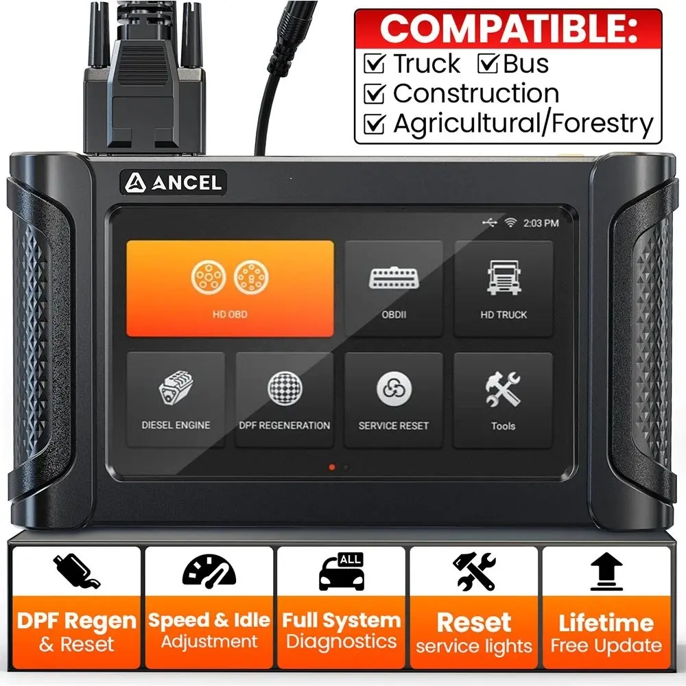 ANCEL HD7000 Elite 7'' Heavy Duty Truck Scanner with DPF Regen, Speed Limit, Idle Reset & Service Reset, Full System HD OBD Diesel Diagnostic Tool for Cummins Detroit Volvo CAT Paccar International