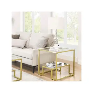 New 2024  End Modern Square 2 Tier Open Storage Shelf With Tempered Glass Top Metal Frame Sofa Side Table Small Space Nightstand For Bedroom Living Room Office 22 Inch