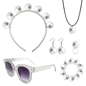 6Pcs 1970s Disco Accessories Set 70s Disco Accessories Women Costume Disco Ball Necklace Disco Earrings 70s Disco Ball Bracelet Sunglasses Disco Ball Ring