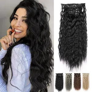 Women's 6-Piece 22 in Corn Wave Clip-On Hair Extensions, Thick Lightweight Heatproof Fibers Synthetic Hairpieces, Natural Soft Bohemian Loose Curls for Daily Wear with Volume Boost,