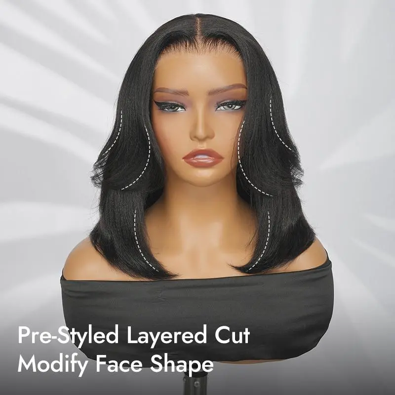 Wiggins Hair 200% Density Glueless Layered Cut Yaki Straight Bob Wig 7*5 Lace Closure Wigs Human Hair Ready To Go And 13*4 #99J Bob Wig Pre Plucked Beginner Friendly