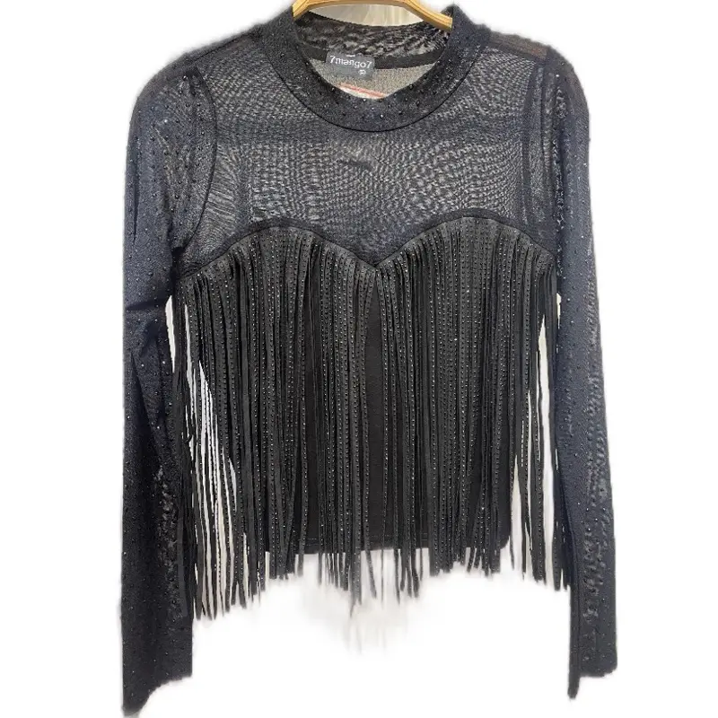 Nevy Top - 95% Polyester 5% Spandex tassel fringe in the front rhinestones on sleeves