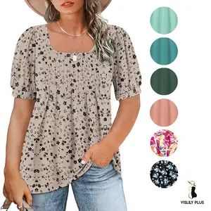 Women’s Plus Size Summer Tops Puff Short Sleeve Scoop Neck Pleated Flowy Tunic LIghtweight casual trendy Loose Fit Shirts for Curvy Women XL-5Xl RPS2093