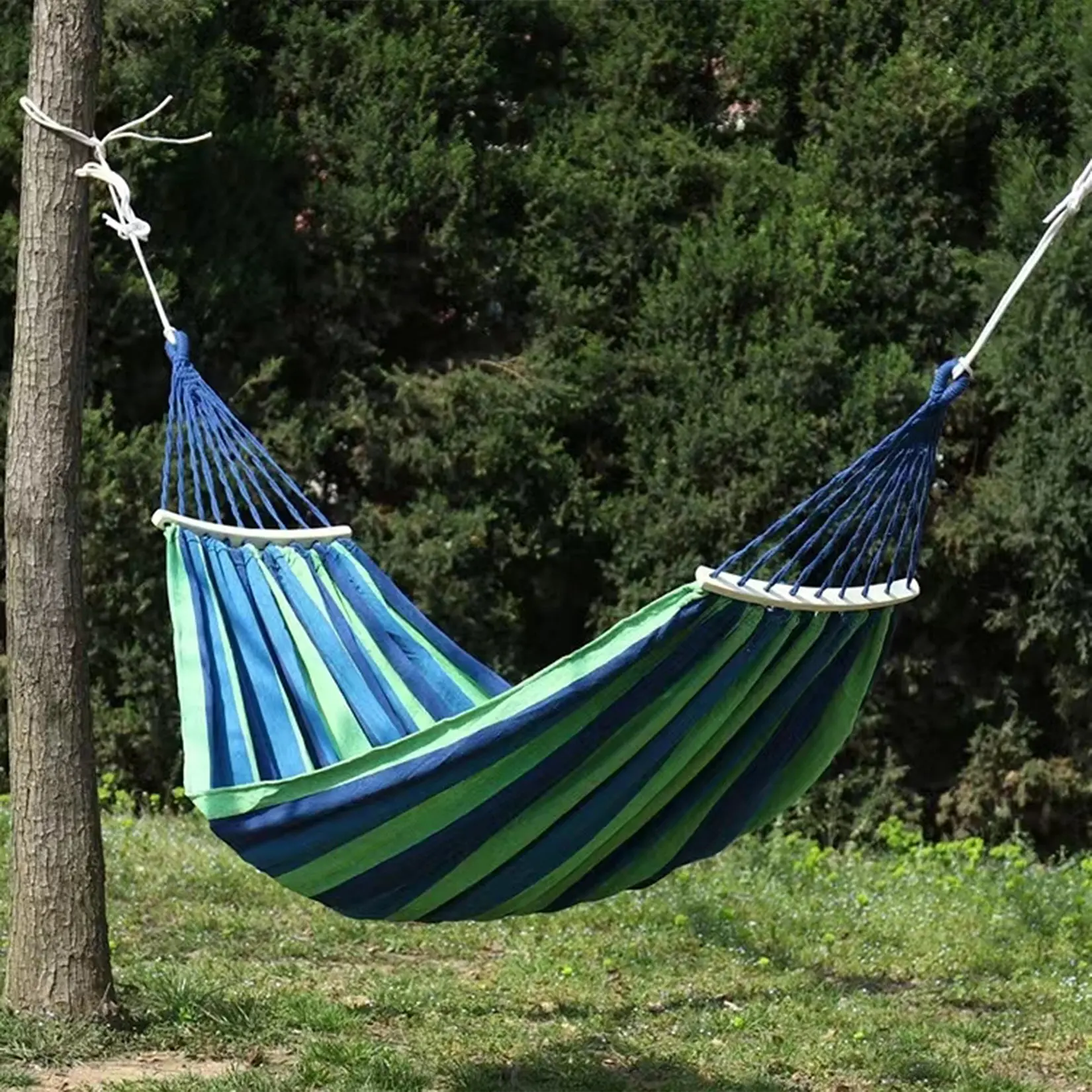 Canvas & Wood Hammock, Blue-Green Striped, 129.9x59.1 Inches, Extra Large Double Hammock, 500 LBS Weight Capacity, Portable with Storage Bag & 2x9.8ft Tree Ropes, Includes Installation Manual, for Out Outdoor Patio Swing