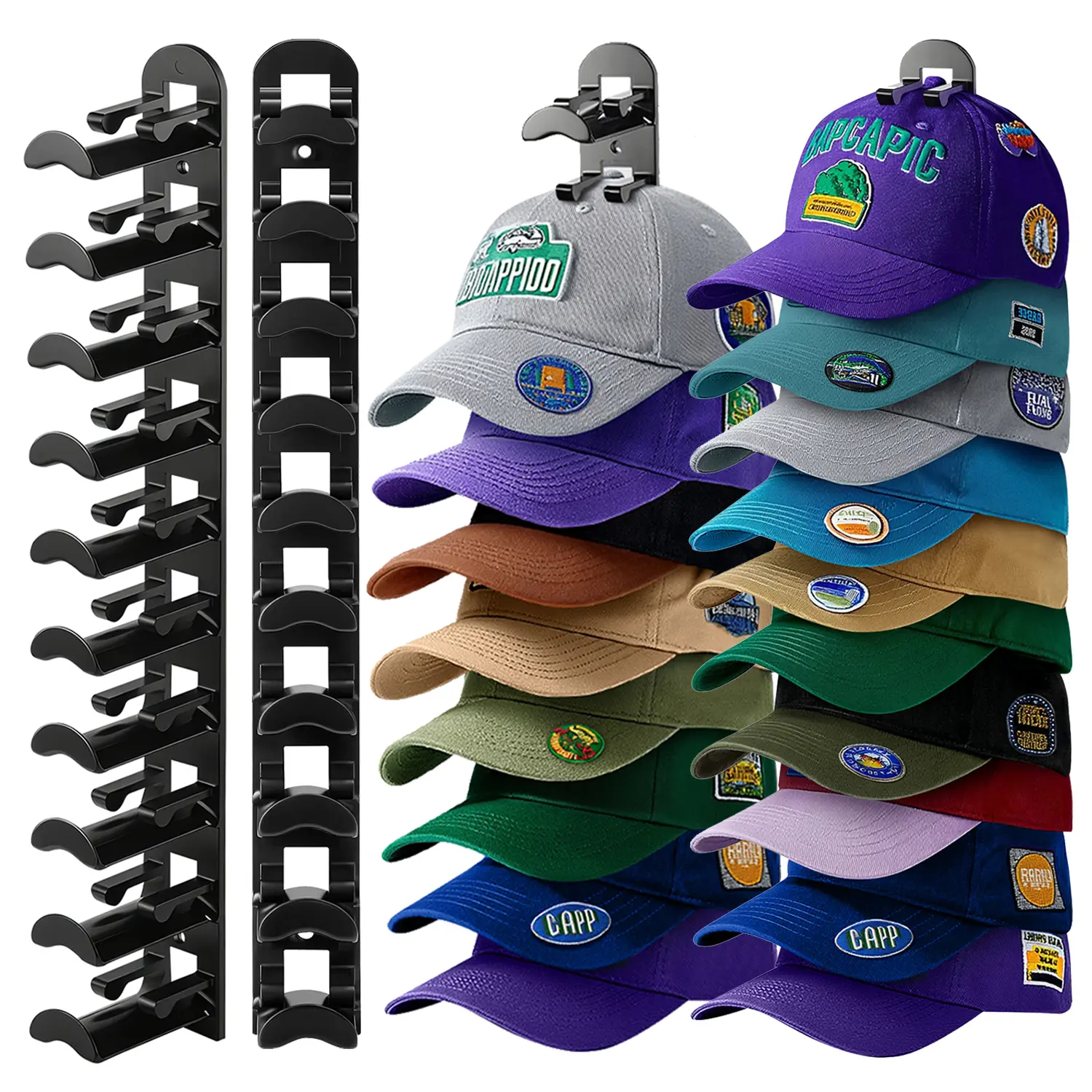 2 Pack Hat Organizer Wall Mounted Baseball Cap Hold up to 20 Hats Black or White Hat Rack for Wall with Strong Adhesive and Wall Drilled for Door Bedroom Closet Easy Access Display Hat Hanger Holder Multilayer Two Mounting Option Hat hook on wall