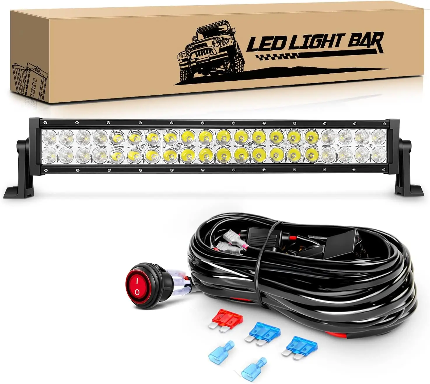 GOOACC 22in 120W Power Combo Light Bar - Off-Road Work Light with 16 AWG Wiring Harness Kit (Includes Harness) for Trucks, Jeeps, 2-Year Warranty, White (Auto-701), Led Array