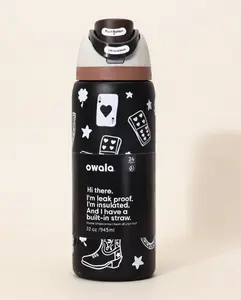 Owala 32oz Insulated Water Bottle - Cute Western & Card Print, Leak-Proof Straw Lid, Keeps Drinks Cold All Day!