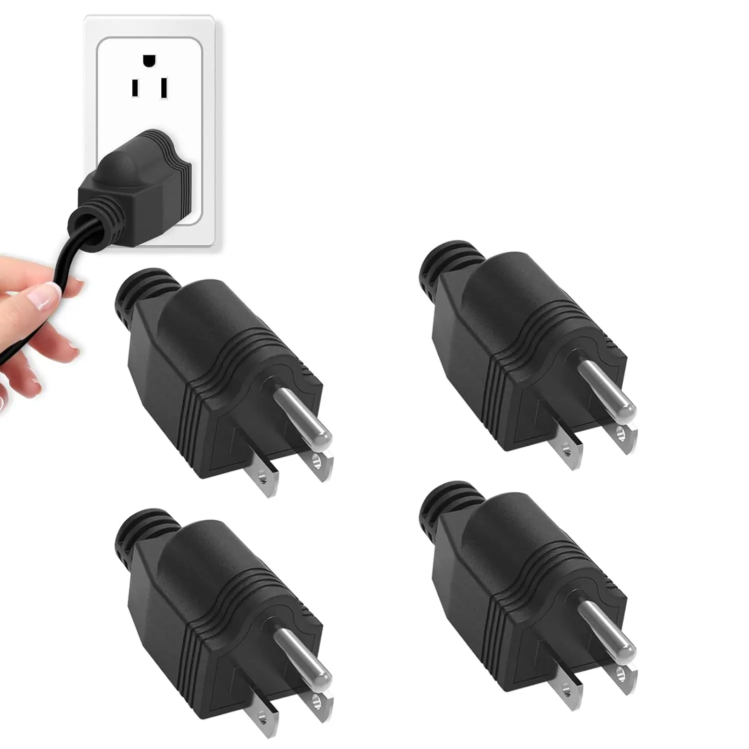 Pack of 4 Pieces 4 Black NEMA 5-15P Replacement Plugs - 3 Prong 10mm 2-Pole 3-Wire 15A 125V Straight Blade Copper Grounding Male Connectors, Quick Assembly, Wire Gauges, NEMA 5-15P Compatibility, For Standard Female Connectors