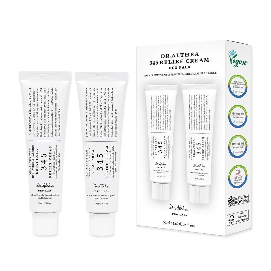 Dr.Althea 345 Relief Cream, Korean Skincare, 1.69 Fl Oz (Ver.2 - Pack of 2) | PDRN, Hyaluronic Acid for Instant Hydration, Blemish, Post-Acne Vegan Face Moisturizer, Non-comedogenic