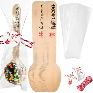 100 Set Christmas Wooden Spoons Hot Cocoa Chocolate Marshmallow Spoon Hot Chocolate Bar Stirring Spoons Hot Chocolate Spoons with Tag Bag Rope for Hot Cocoa Cake Candy Baking