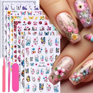 Butterfly & Flower Pattern Nail Art Sticker Set, 11pcs/set Nail Decoration Sticker with Tweezers & Press Stick and Nail File, Diy Nail Art Decals for Women & Girls, Nail Adhesive Stickers, Nail Sticker Template Sheet, Nail Art Kit, Flower Nails