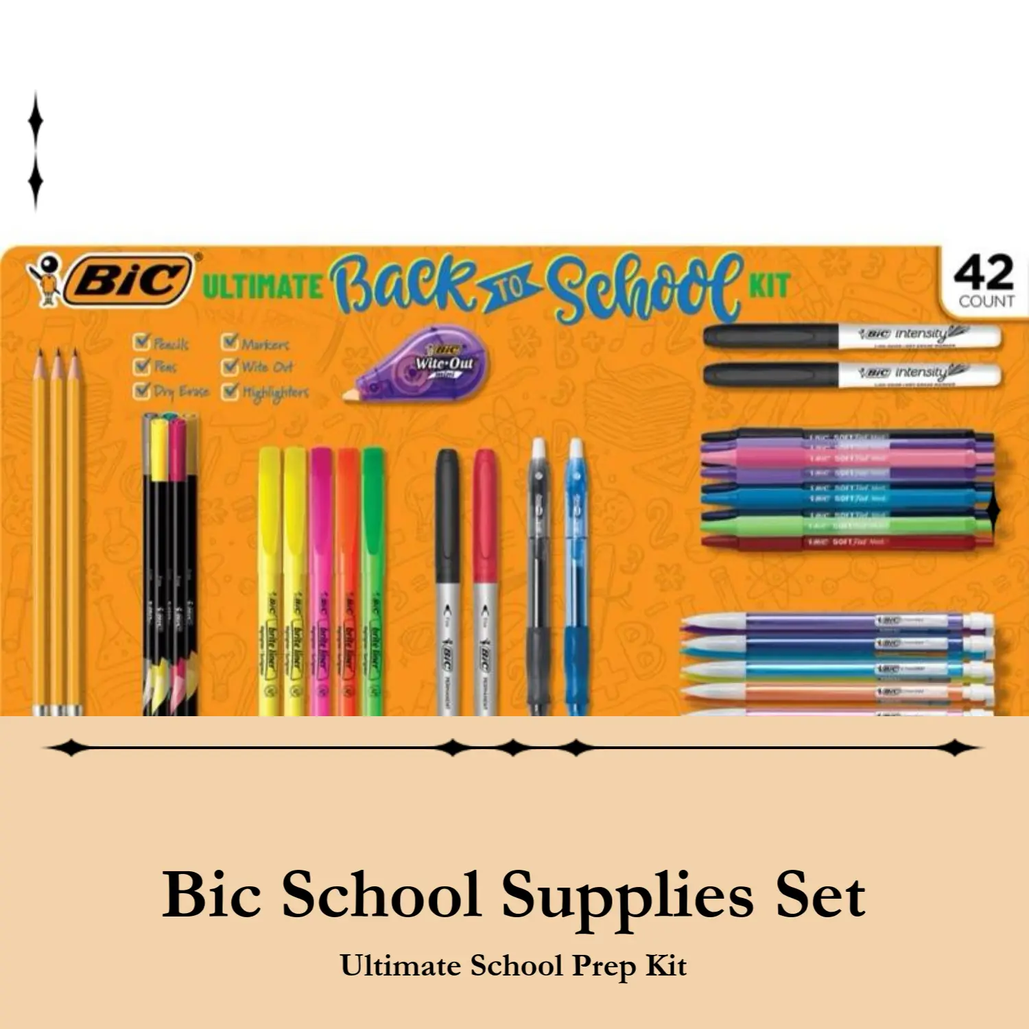 BIC Ultimate Back-to-School Assorted Essentials Kit 42-Count with 3 Pencils 5 Highlighters 7 Markers 10 Ball Pens & More