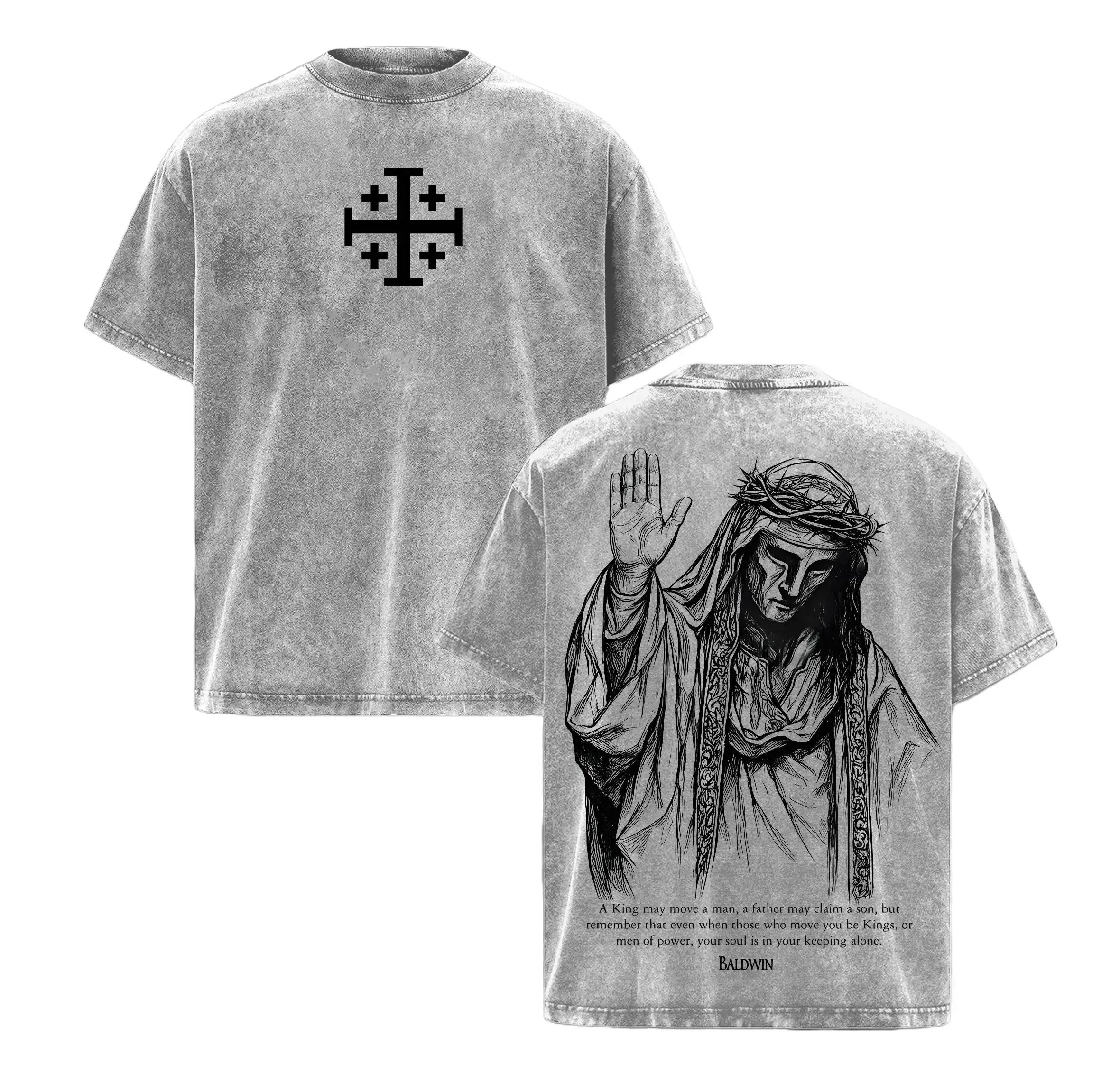 Men's Crew Neck Graphic Print T-Shirt - Casual Oversized Streetwear Tee, King Baldwin IV Crusader Design, Vintage Gothic Aesthetic, Baggy Menswear Short-Sleeve Top