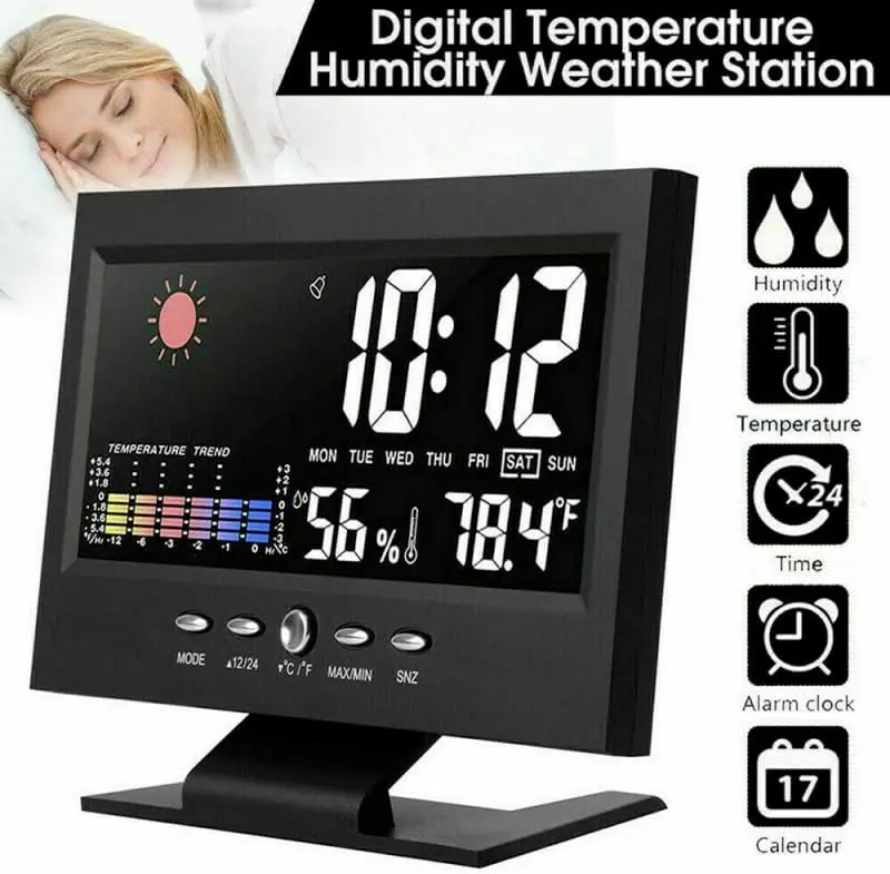 Auto Time Set Digital Alarm Clock, Big Digit Color LCD Screen with Snooze Function, Built-in Calendar, Thermometer, Hygrometer & Weather Display, Ultra Clear LED Numbers, Portable Electronic Clock for Bedroom Nightstand Office Desk