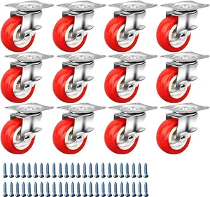 1.5 Inch Caster Wheels, Heavy Duty Casters Wheels with Brake Swivel Casters with Polyvinyl chloride (PVC) Wheels, Plate Casters Locking Casters Red (12 Pack)