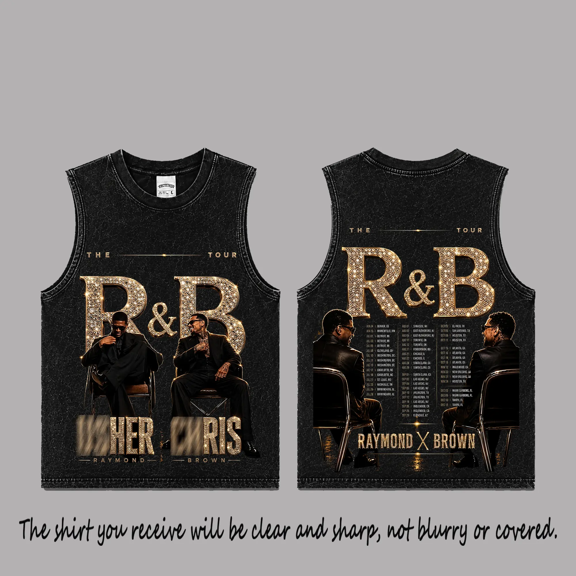 Raymond & Brown The R&B Tour 2026 Black Washed Tank Top, Vintage R&B Music Graphic Sleeveless Shirt, Premium Cotton Front and Back Print Concert Streetwear, Gold Retro Design Summer Outfit, Unisex Music Fan Gift Top