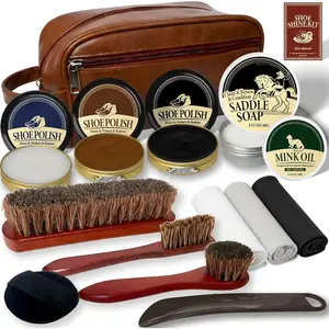 Shoe Shine Kit, Mens Gifts Ideas - 15 count Shoe Polish Kit with Saddle Soap,  Oil, 3 Shoe Polishes, 3 Shoe Brushes and , -inclusive Leather Care Kit for Leather Shoe Boot Cleaning and Care