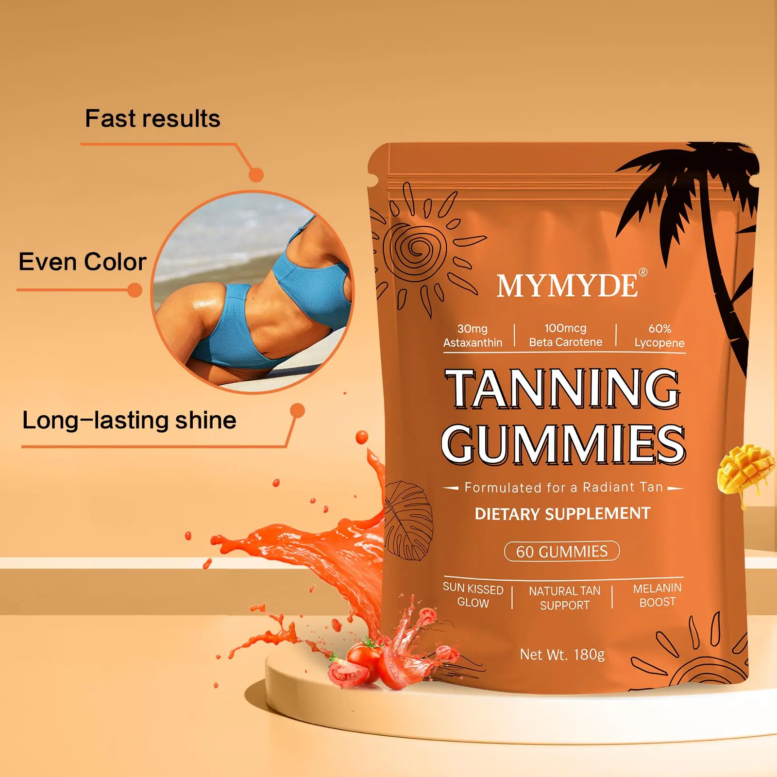 MYMYDE Tanning Gummies Dietary Supplement forRadiantTan Natural Tan Support Melanin Boost 60Gummies 180g -Vitamin, Fitness Fitness VitaminBathroom Edible HealthcareOptimum