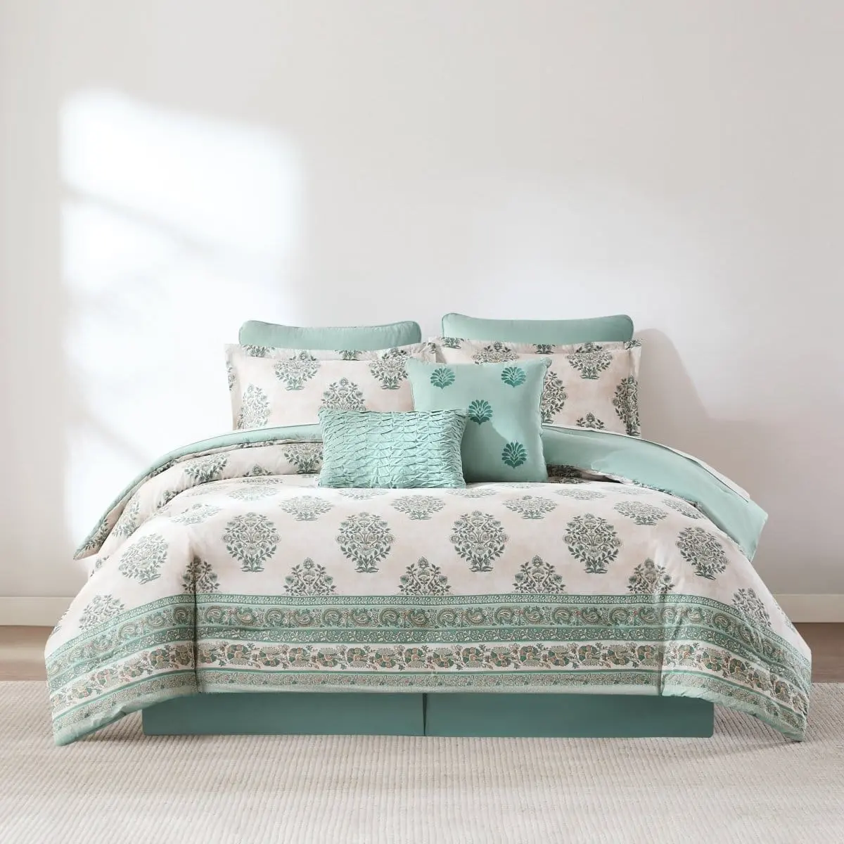 Lush Decor Sofia Flower Block Bouquet Cotton Comforter Set - 8 Piece Floral Bedding with 15-inch Drop Skirt & OEKO-TEX Certified