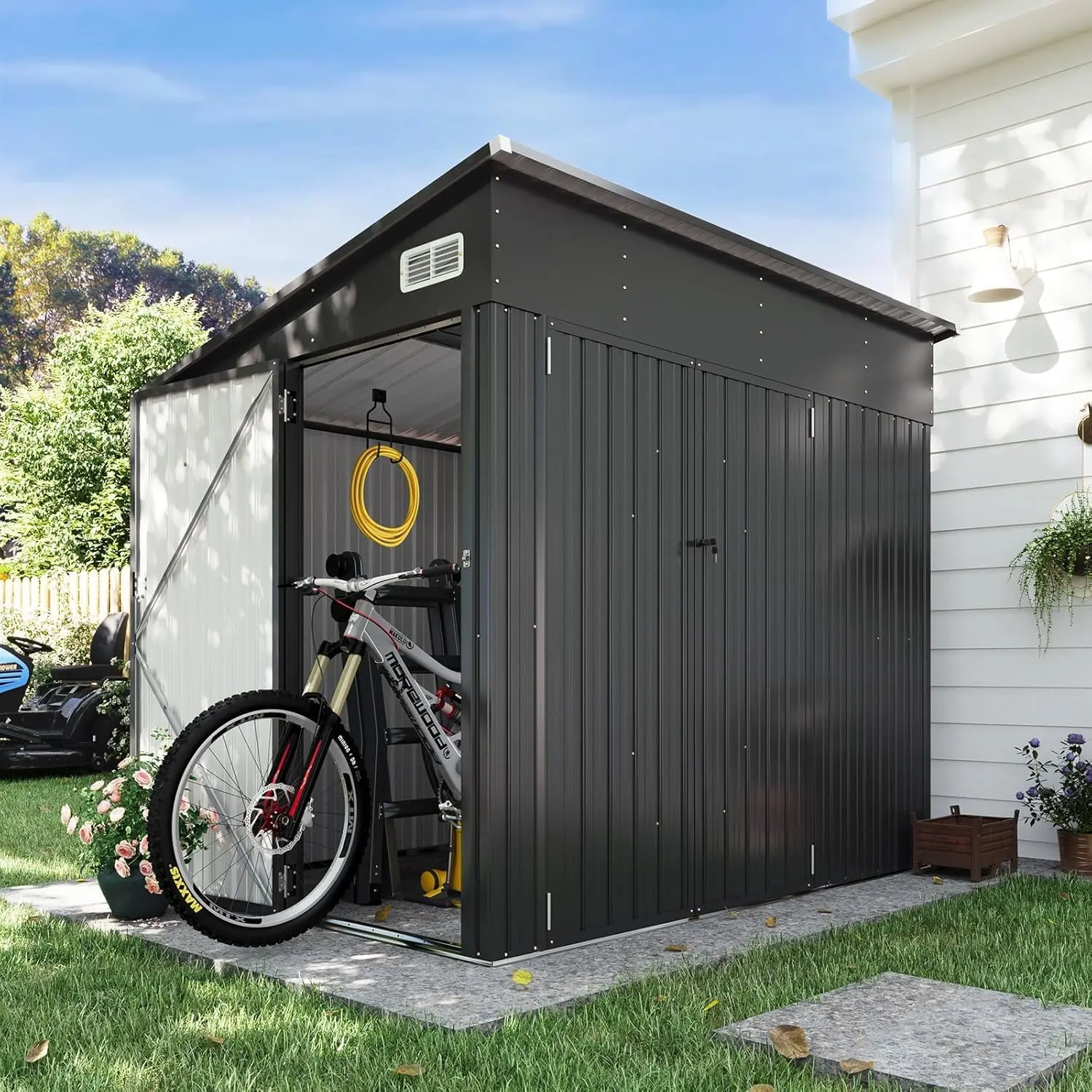 Aoxun Outdoor Multi-Size Metal Storage Shed - Built to Last, Moisture-Proof, Triple-Lockable Doors, Sloped Roof, Accessible Organizing Solution for Garden, Backyard Tool Storage (Compatible with Metal Shed Arbours)