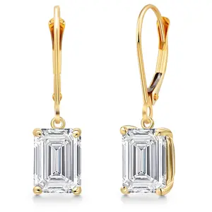Gem Stone King 4.00 Cttw IGI Certified Lab Grown Diamond Dangle Drop Earrings For Women in 14K Yellow Gold | Emerald Cut 2 Ct Each | VS1 Clarity | D-E Color