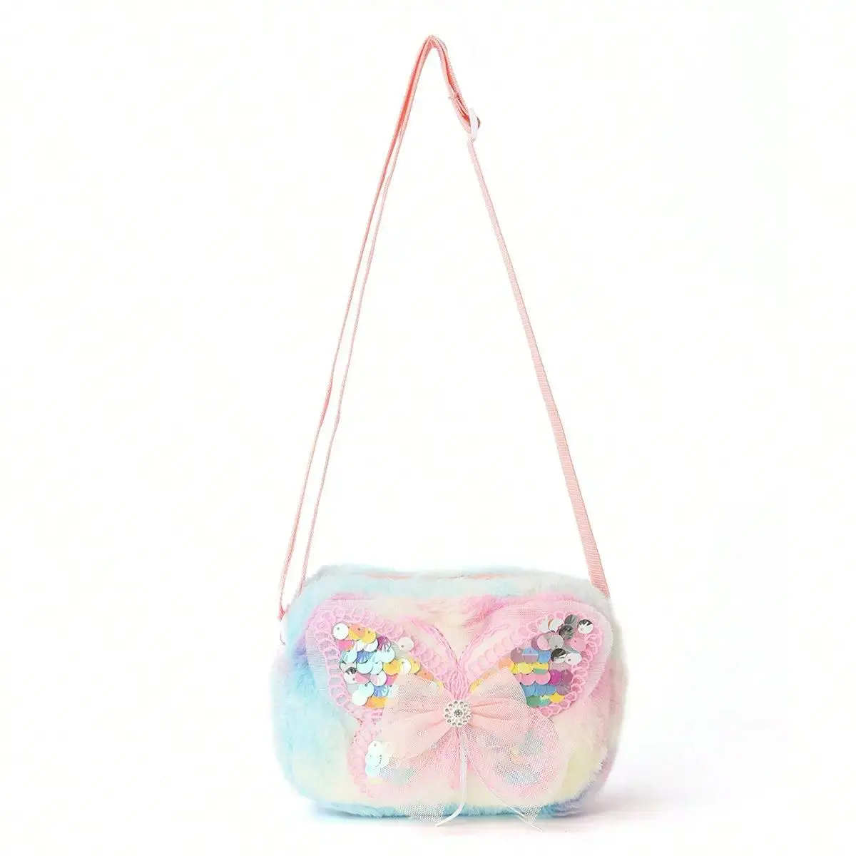 Girls' Cute Heart-Shaped Crossbody Bag, Plush Rainbow Fashion Purse with Sequined Butterfly Detail for Daily Use, Crossbody/Shoulder Bag, Plain