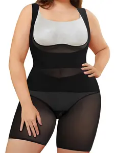 Plus Size Women's High-Elastic Breathable Mesh Shapewear Bodysuit Shorts, Tummy Control Leg Slimming Compression Underwear, Casual Round Neck Vest Top - Womenswear, Fit-Enhancing Plus Size Tummy Flattering Clothes