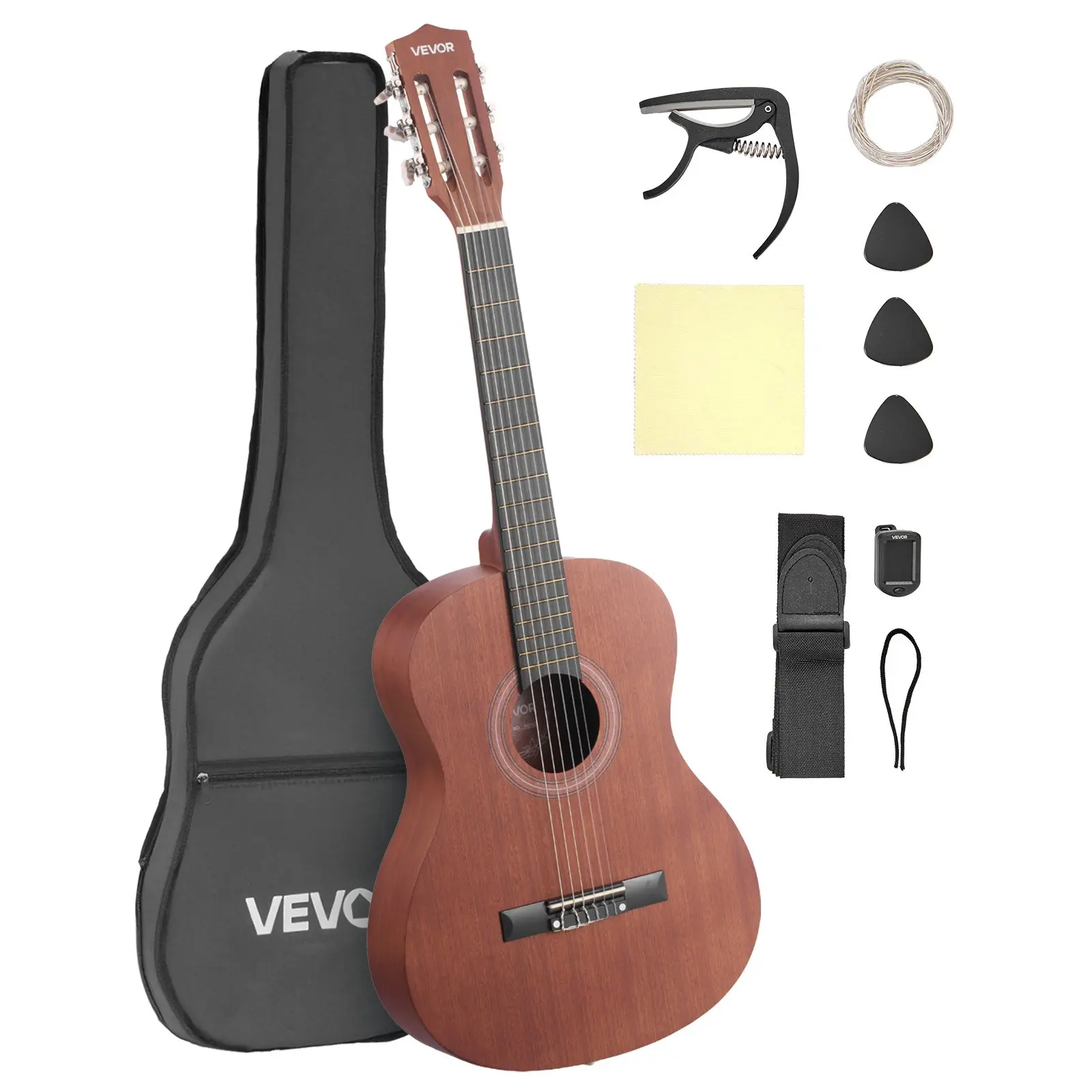 VEVOR 36-Inch Sapele & Rosewood Classical Guitar Pack, Beginner Starter Kit with Nylon Strings, Gig Bag, Strap, Fast Tuning Pegs, Extra Strings, Picks, Capo for Chords, Guitar Learning Tools, Impact-Ready Wood