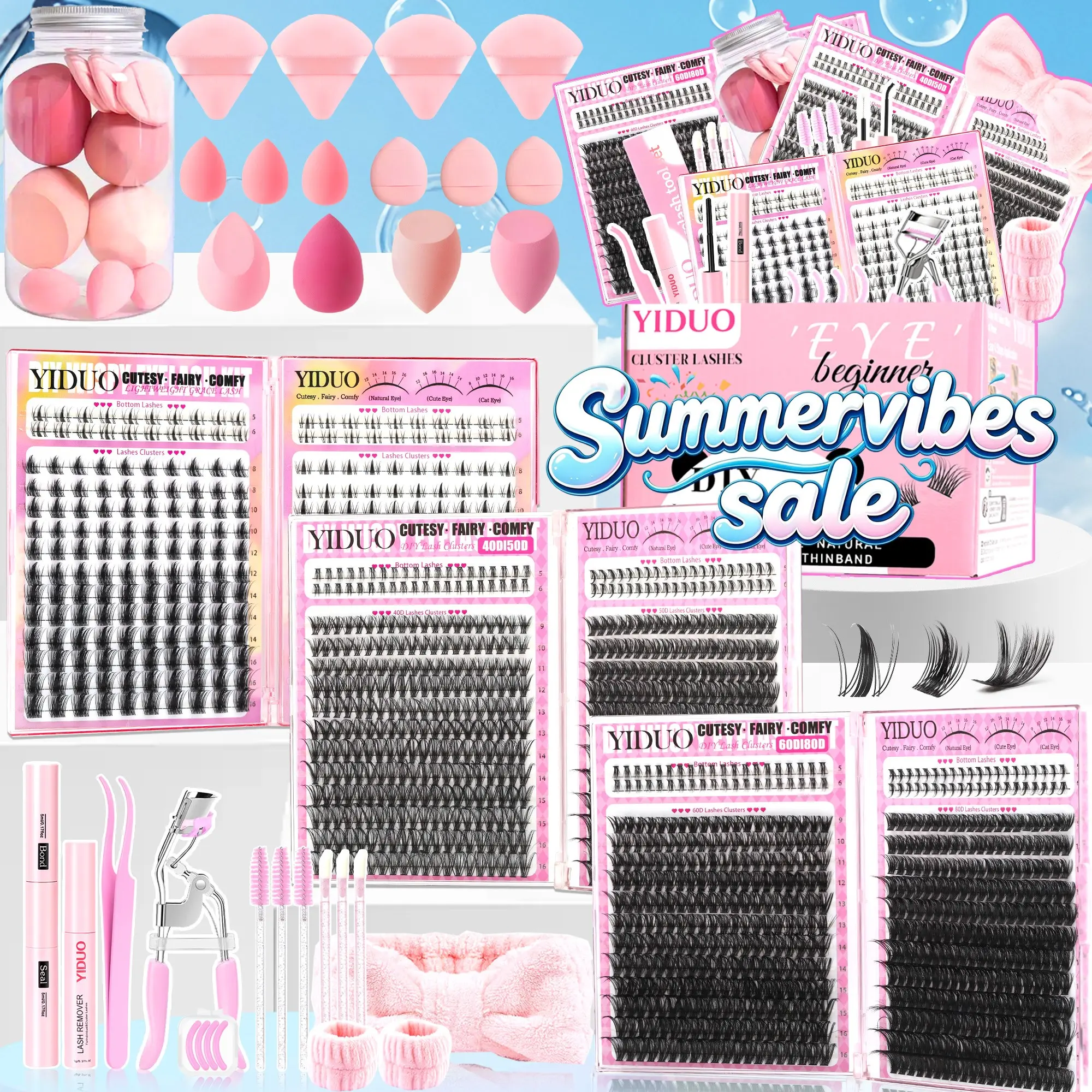 YIDUO All-in-One Eyelash Cluster Kit, Eyelash Set, Cluster False Eyelashes, 40D/50D, Fairy/Manga Styles & Bottom Lashes, 5-16mm D-Curvature, Tools (Bond & Seal, Remover, Tweezers, Brush, Curler & Makeup Tools), DIY Lash Extensions at Home Eyelash Glue