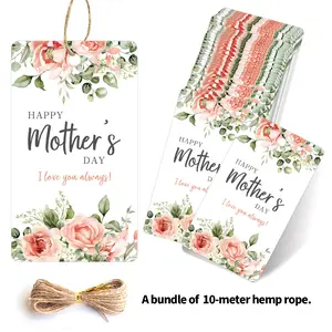 50Pcs Happy Mother's Day Decorative Gift Tags Set, Watercolor Rose Floral Aesthetic Hang Labels, With Hemp Rope For Mother's Day Birthday Present Wrapping, Bouquet Gift, DIY Packaging Craft Decoration, Gift Wrapping Supplies