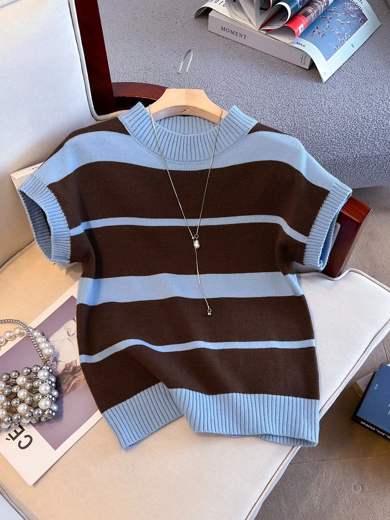 2026 Summer Striped Soft Knit T-Shirt for Women, Casual Fashionable Top, Casual Loose-Fitting Short Sleeve Round Neck Top, Elegant Office Wear, Comfortable and Stylish Elegance, Knitwear