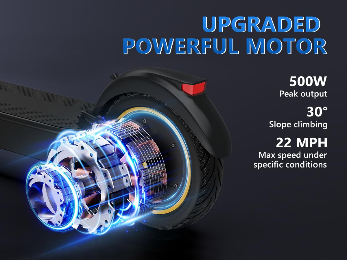 AOVOPRO Esmax High-Speed Electric Scooter 10-inch solid tires 500W motor with front and rear dual shock absorption, range of 22-30 miles, top speed of 22 mph, dual braking system, LED lights, app control, aluminum alloy frame,  Springtok。