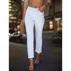 2025 New Fashion White Straight Leg Plain White Casual Style Zipper Button Closure Denim Pants, Women'S Denim Jeans & Clothing