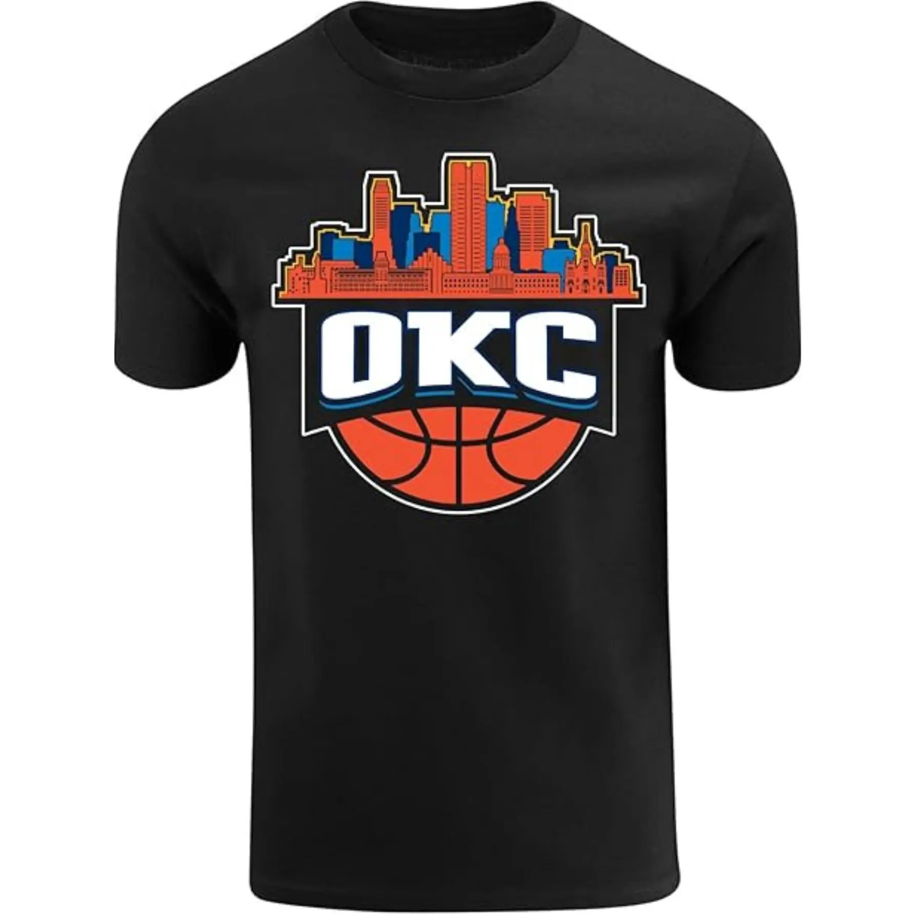 1pc OKC Basketball City Skyline T-Shirt - 100% Cotton, Crew Neck, Regular Fit, Geometric Pattern, Casual Style, All-Season, Breathable & Lightweight, Digital Heat Transfer Design - Adult Urban Tee