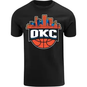 1pc OKC Basketball City Skyline T-Shirt - 100% Cotton, Crew Neck, Regular Fit, Geometric Pattern, Casual Style, All-Season, Breathable & Lightweight, Digital Heat Transfer Design - Adult Urban Tee