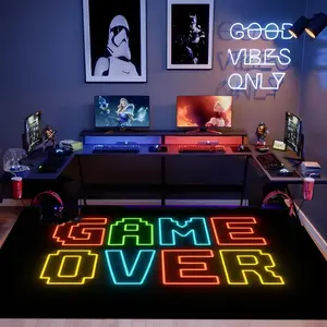 Game Over Rug,Pixel Gaming Room Rug,Retro Arcade Style Mat, RGB Rug, Neon Rug,Kids Room Video Game Decor, Pixel Art Rug,Gamer Rug,Modern Rug