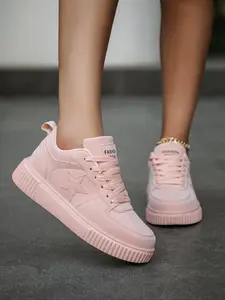 Women's Fashionable Patchwork Star & Letter Pattern Lace Up Low Top Sneakers, Casual Trainers, Casual Breathable Comfortable Sports Shoes, All-match Round Toe Shoes for Daily Wear