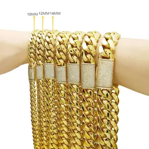 Men’s high-quality electroplated K-gold stainless steel Cuban link chains and bracelets with a secure clasp featuring an inlaid cubic zirconia; chain width 10–14 mm; lengths available from 7.5 inches to 30 inches.