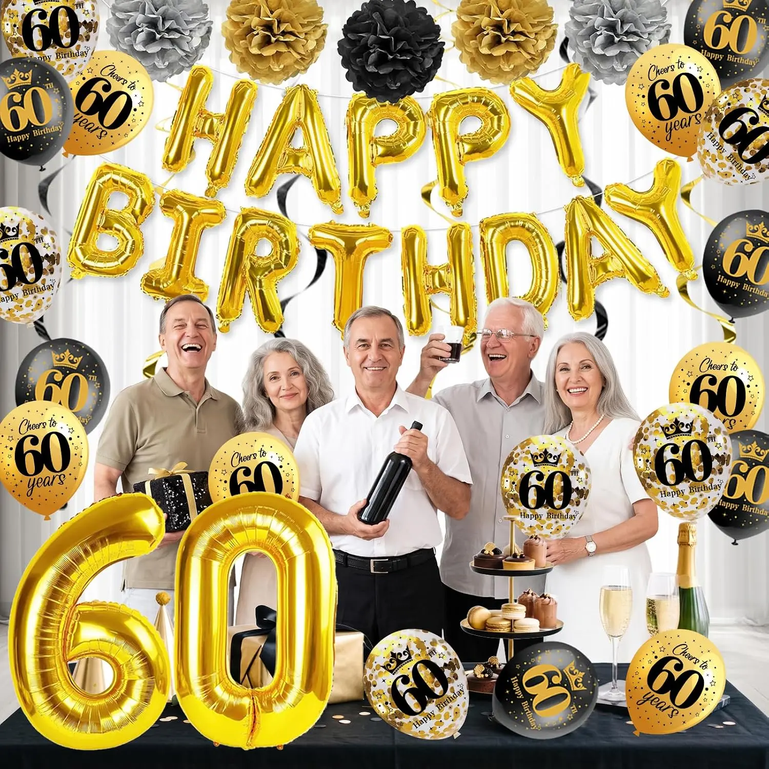 Black & Gold 60th Birthday Decorations Set for Men, 42PCS Festive Party Supplies with Happy 60th Banner, Backdrop, Foil Balloons, Latex Balloons, Pom Poms, Hanging Swirls & Welcome Sign (Suitable for Women Too)