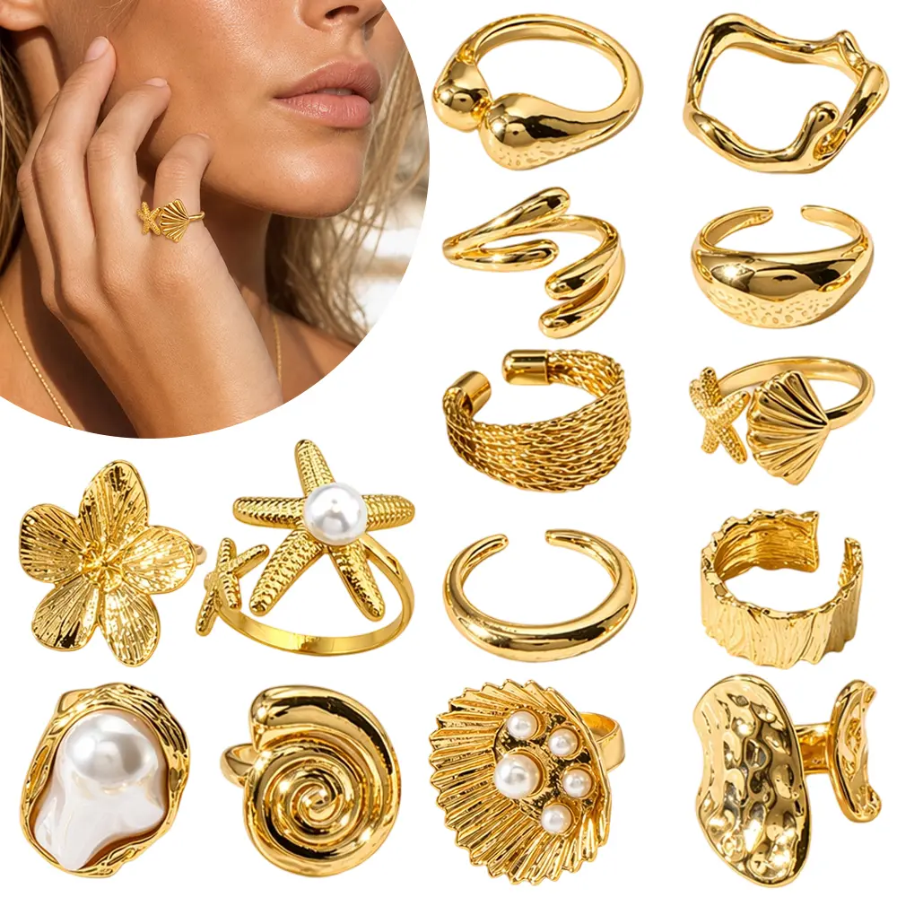14 Piece Ocean Inspired Alloy Ring Set, Adjustable Boho Style Rings, Perfect for Daily, Summer Vacation, Beach Weddings or Poolside Parties, Stackable