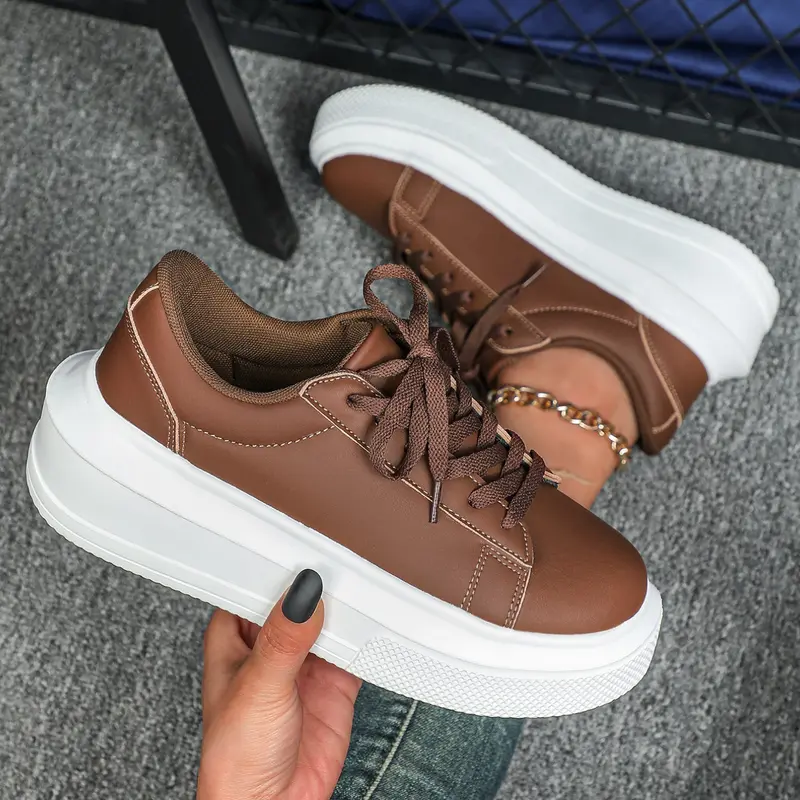 Women's Casual Thick Sole Sneakers, Thick Soled Trainers, Sports Shoes, Comfortable Breathable Low Top Lace-Up Running Shoes, Perfect for Valentine's Day Gift, Brown, Minimalist Casual Shoes, Casual Breathable Footwear