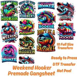 Weekend Hooker DTF Gang Sheet - 10 Adult Prints, Funny Fishing Transfers, Sarcastic Fishing Heat Transfer - Single Sheet for Fishing enthusiasts Pressing Decorative