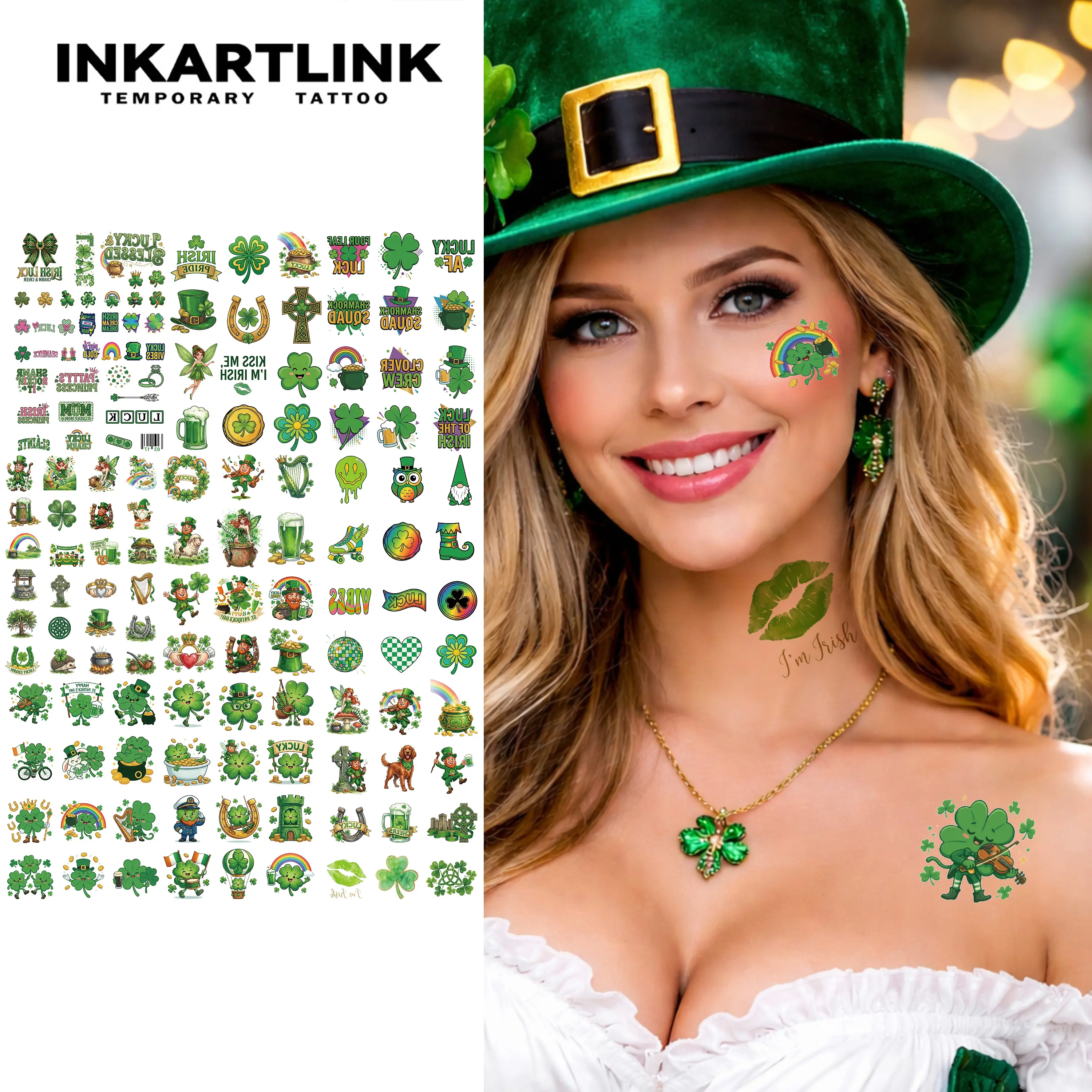 INKARTLINK St. Patrick's Day Theme Temporary Tattoos - 9 Sheets Waterproof Decorative Green Lucky Shamrock Face Stickers, All Skin Types, Single Item for Irish Festival Party Decor
