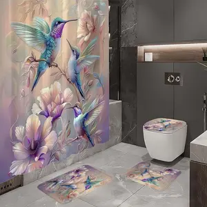 1/4pcs Colorful Fresh Flower Hummingbird Pattern Bathroom Set, 4-piece set includes single shower curtain, non-slip floor mat, toilet U-shaped cushion, toilet seat cushion, with shower curtain hooks, belongs to bathroom decoration products
