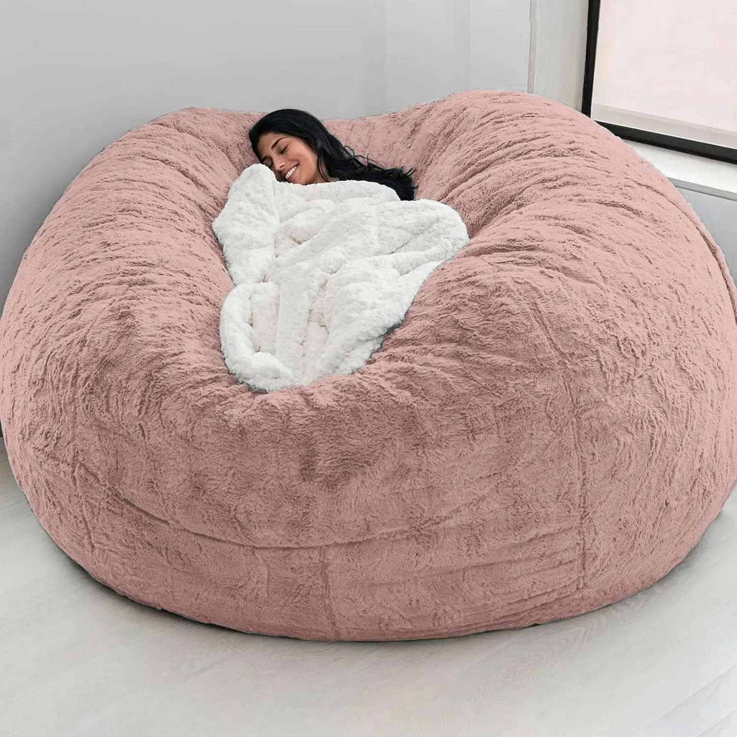 Giant Fluffy Faux Fur Bean Bag Chair Cover 5FT Large Round Soft Pillow Sack for Kids Teens Adults Living Room Bedroom Cozy Furniture Lazy Sofa Bed Bean Bag Lounger Bean Bag Cushion