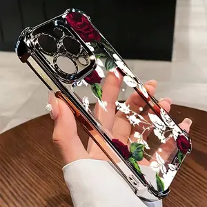 Romantic Red Rose Element Pattern Electroplated Airbag Anti-fall Phone Case, Suitable for iPhone17Air/16Plus/15ProMax/14Pro/13/12/11/XSMax/X Phone Case, Best Gift for Family, Friends, Lovers, New Year and Christmas Gift