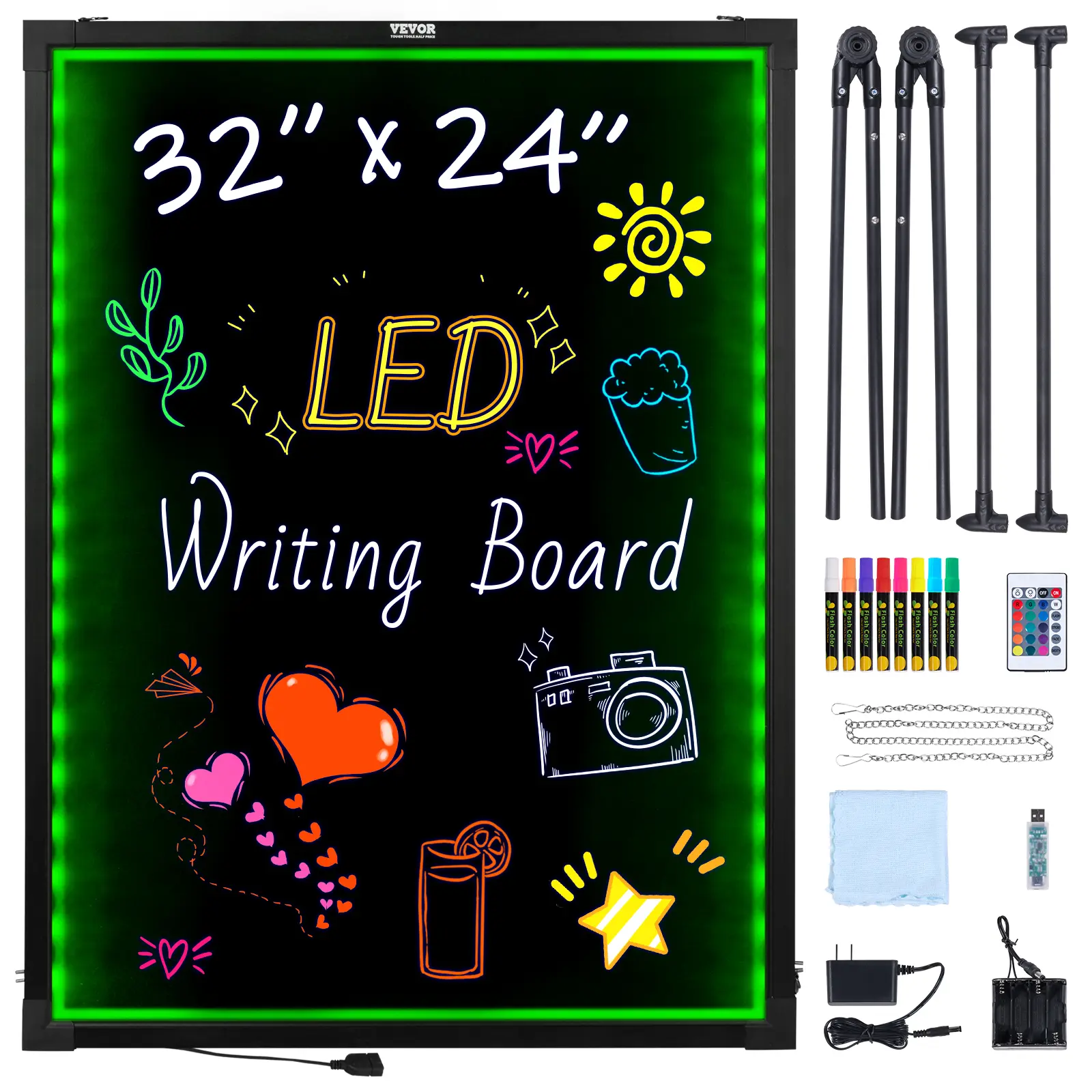 【summerfinds】VEVOR LED Message Writing Board, 32"x24" Illuminated Erasable Lighted Chalkboard, Neon Effect Menu Sign Board, Drawing Board with 8 Fluorescent Chalk Markers and Remote Contro Tested toStandards