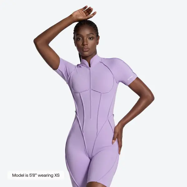 BetterMe Women's Lavender Sleek Shorts Catsuit - Short-Leg Fit 1-Piece Bodysuit Unitard Romper Overalls Jumpsuit, Adjustable Comfy Breathable Casual Gym Wear & Activewear Athletic Sports Spandex Polyester Fabric Clothing for Pilates, Ballet, Everyday Wear